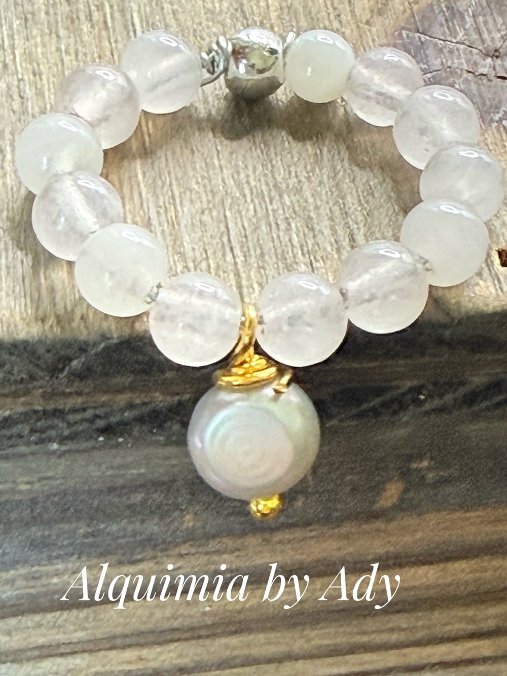 Pale pink quartz Bead Ring with organic baroque Pearl Charm